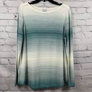 Chico’s Ombré Bateau Boatneck Sweater Cotton Blend Green & Ivory Size 2 (L/12)
